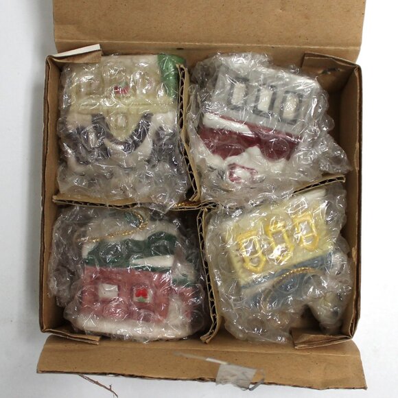 Vintage HOMCO #5555 Set of 4 Christmas Village Building Ornaments - Original Box - Picture 1 of 10